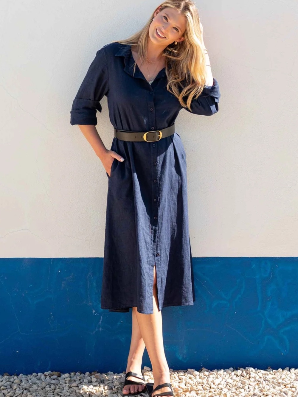 MERSEA Hermosa Linen Blend Button Front Midi Shirt Dress Navy Approx M